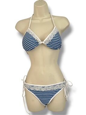 Zeraca Blue Chevron Lace-Trim Halter Bikini Set - Women Swim Medium